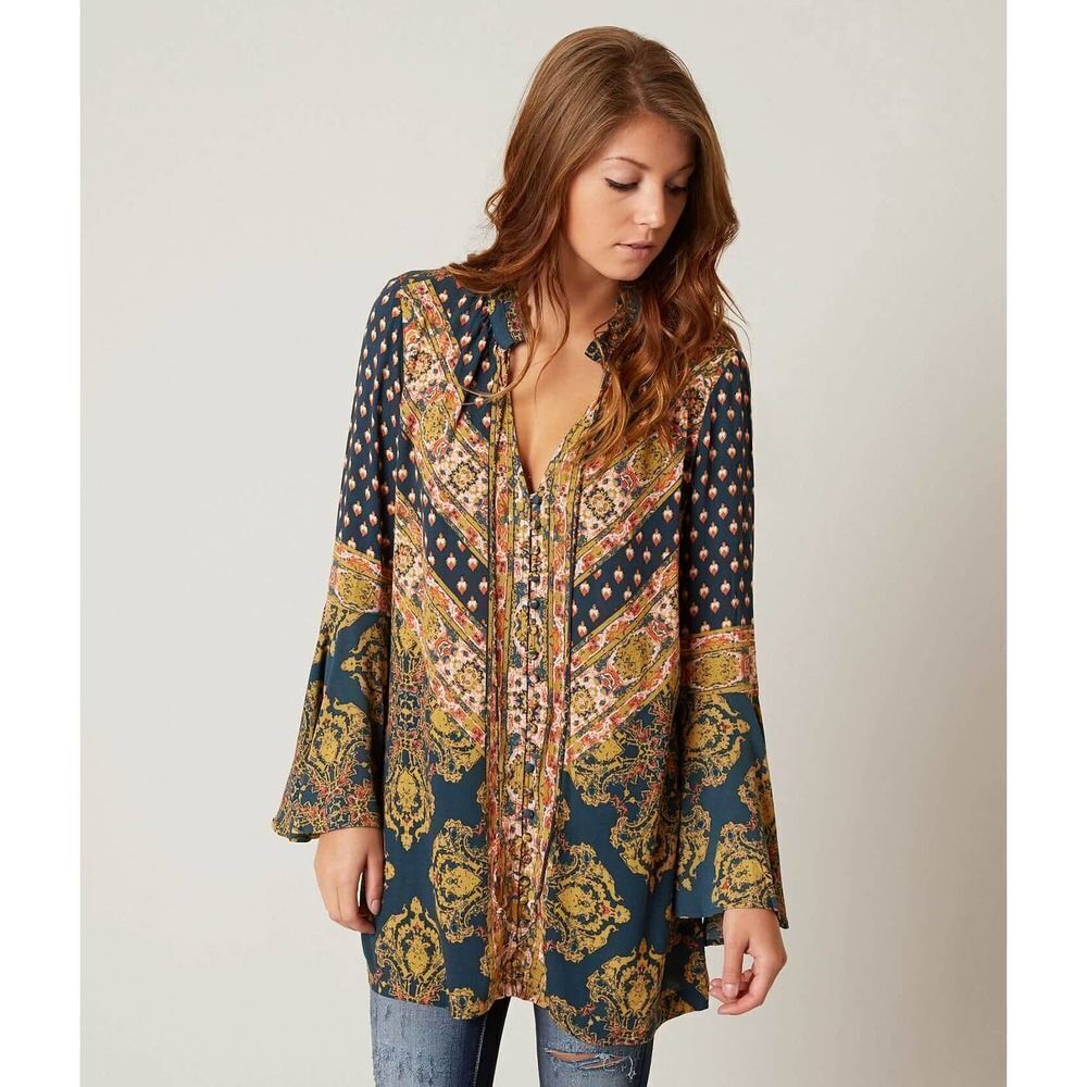 Free People Magic Mystery Tunic shirt dress tie neck dark teal gold red women s